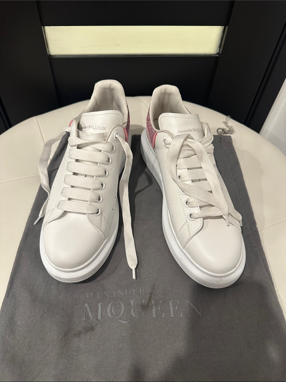 Alexander McQueen White Leather Sneakers with Pink Heel Detail